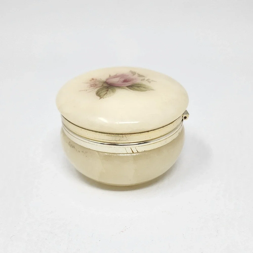 Vintage Alabaster Trinket Box Hand Painted Pink Rose Hinged Round Made in Italy